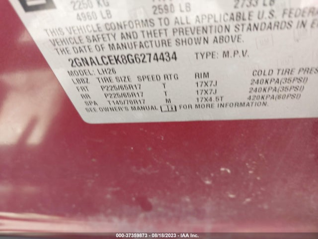 2016 CHEVROLET EQUINOX LT VIN: 2GNALCEK8G6274434