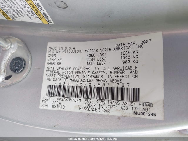 2007 MITSUBISHI ECLIPSE GS VIN: 4A3AL25F37E071787