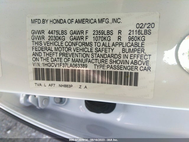 2020 HONDA ACCORD SEDAN SPORT VIN: 1HGCV1F37LA063389