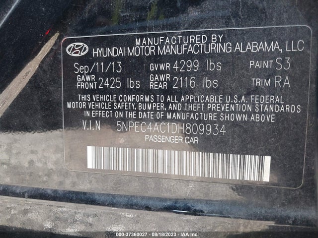 2013 HYUNDAI SONATA LIMITED PZEV VIN: 5NPEC4AC1DH809934