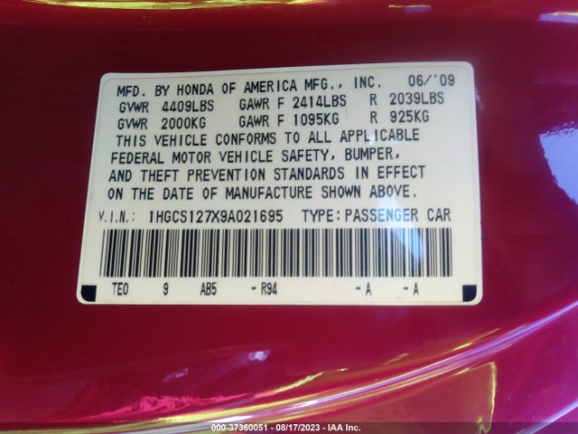 2009 HONDA ACCORD CPE EX VIN: 1HGCS127X9A021695