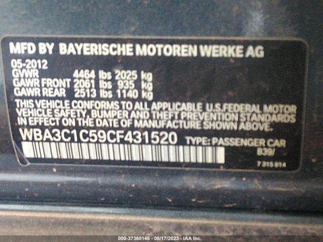 2012 BMW 3 SERIES 328I VIN: WBA3C1C59CF431520