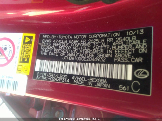 JTHBW1GG0E2044932 Lexus Es 300h Hybrid