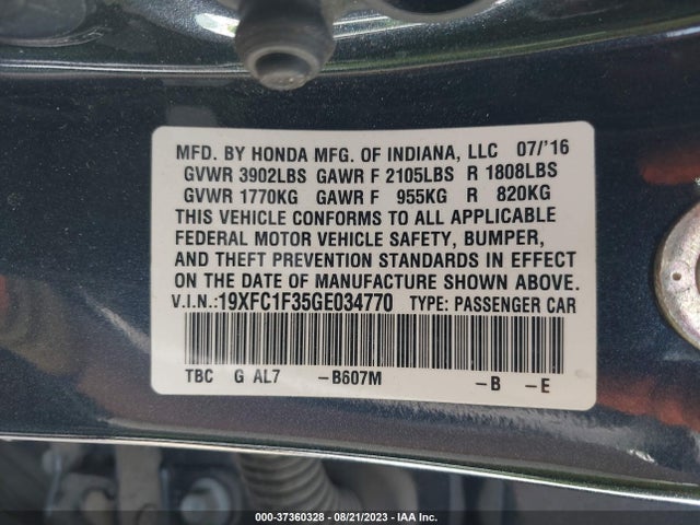 2016 HONDA CIVIC SEDAN EX-T VIN: 19XFC1F35GE034770
