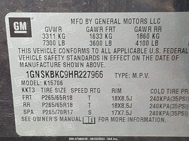 Chevrolet Tahoe Lt 2017 1GNSKBKC9HR227966 Image 9