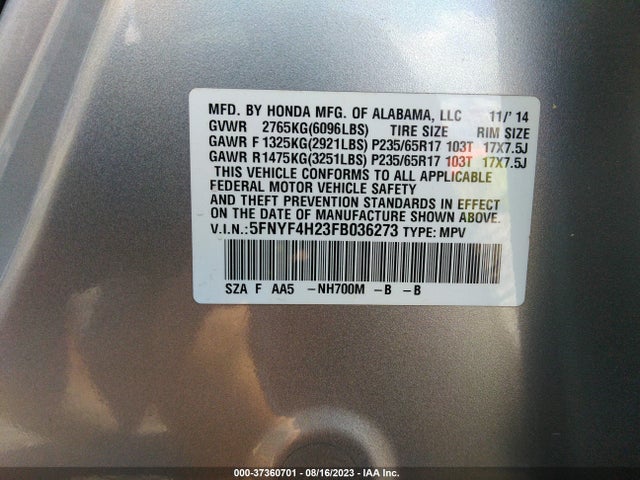 Honda PILOT LX 2015 5FNYF4H23FB036273 Image 9