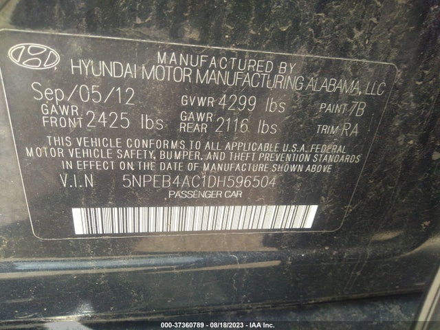 2013 HYUNDAI SONATA GLS PZEV VIN: 5NPEB4AC1DH596504