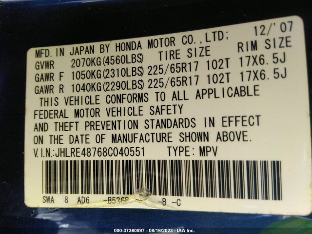 2008 HONDA CR-V EX-L VIN: JHLRE48768C040551