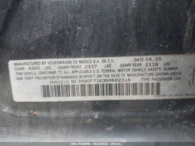 2005 VOLKSWAGEN JETTA SEDAN A5 2.5L VIN: 3VWSF71K35M622318
