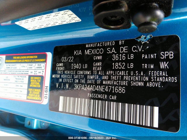 2022 KIA RIO S VIN: 3KPA24AD4NE471686