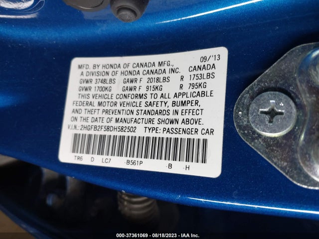 2013 HONDA CIVIC SDN LX VIN: 2HGFB2F58DH582502