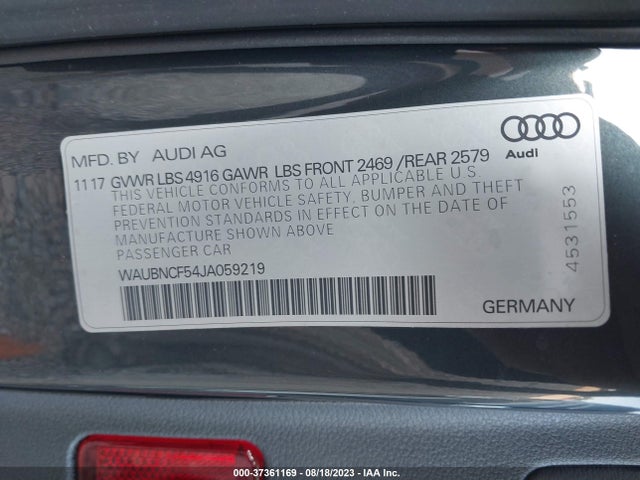 WAUBNCF54JA059219 Audi A5 Sportback Premium Plus