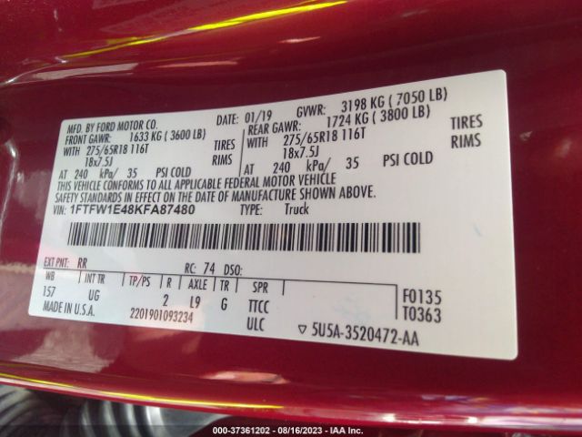 1FTFW1E48KFA87480 Ford F-150 Xlt
