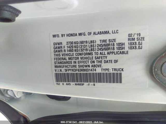 Honda Ridgeline Rtl-t 2019 5FPYK3F63KB031474 Image 9