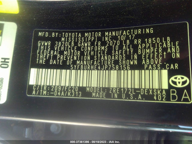 2018 TOYOTA COROLLA L/LE/XLE/SE/XSE VIN: 5YFBURHE4JP758156