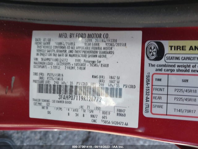 2009 FORD FUSION SE VIN: 3FAHP07119R126772