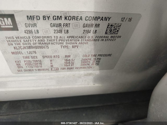 Chevrolet TRAX LS 2017 KL7CJKSB9HB090475 Image 9