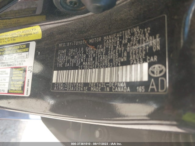 2012 TOYOTA COROLLA L/LE/S VIN: 2T1BU4EE2CC793174