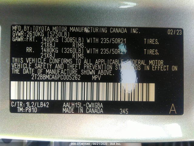 2023 LEXUS RX RX 350H VIN: 2T2BBMCA6PC005262