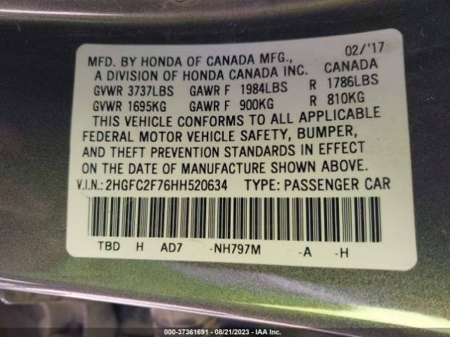2HGFC2F76HH520634 Honda Civic Sedan Ex