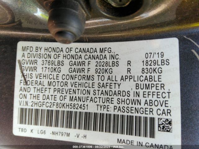 2HGFC2F80KH582451 Honda Civic Sedan Sport