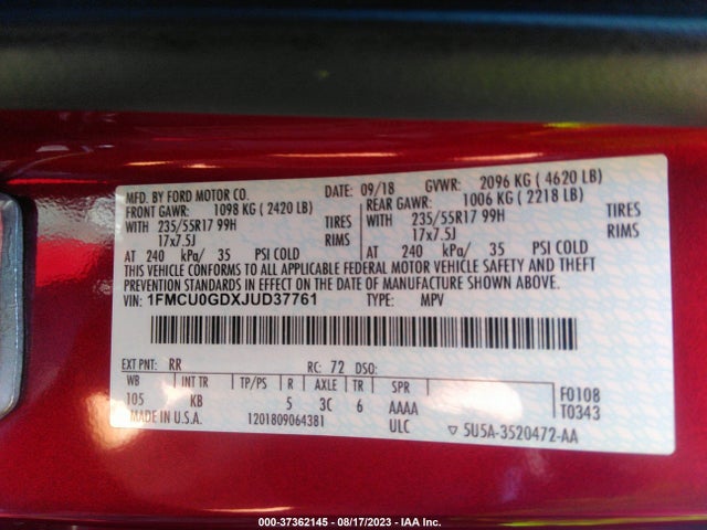 2018 FORD ESCAPE SE VIN: 1FMCU0GDXJUD37761
