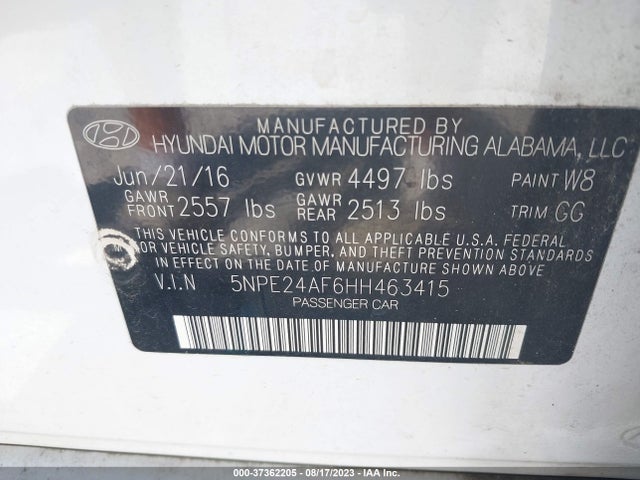 2017 HYUNDAI SONATA 2.4L VIN: 5NPE24AF6HH463415