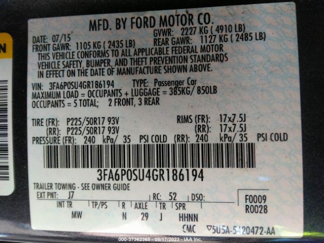3FA6P0SU4GR186194 Ford Fusion Energi Titanium