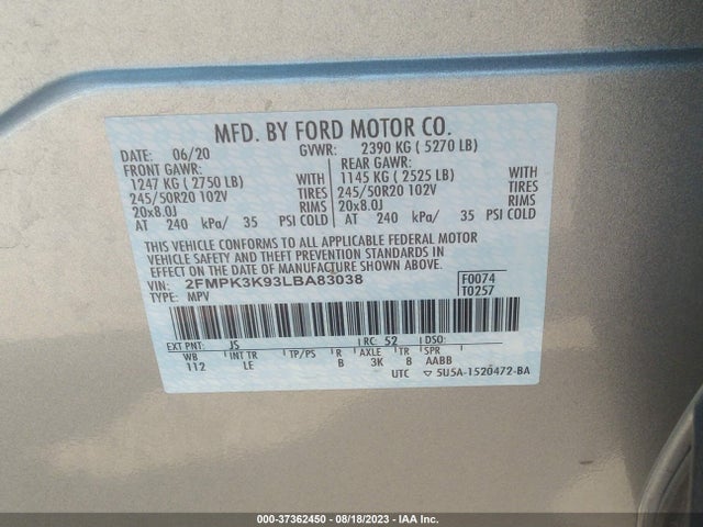 2020 FORD EDGE TITANIUM VIN: 2FMPK3K93LBA83038