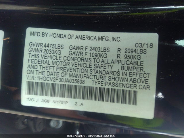 2018 HONDA ACCORD SEDAN SPORT 2.0T VIN: 1HGCV2F30JA035808
