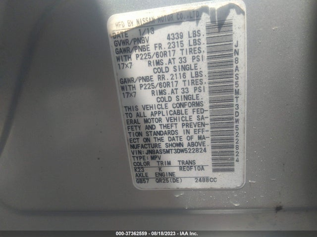 2013 NISSAN ROGUE SV VIN: JN8AS5MT3DW522824