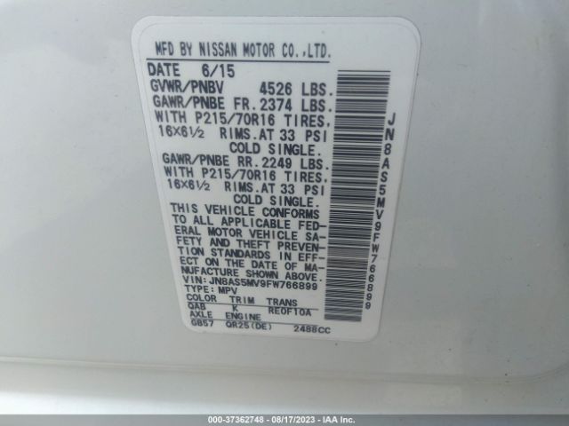 JN8AS5MV9FW766899 Nissan Rogue Select S