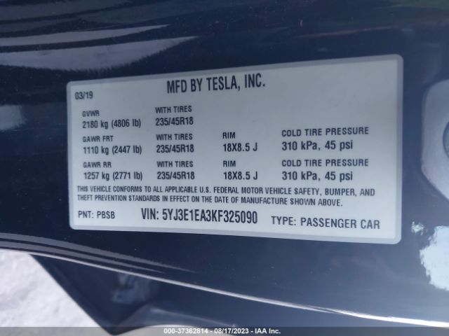 5YJ3E1EA3KF325090 Tesla Model 3 Range