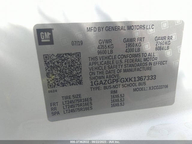 Chevrolet Express Passenger Lt 2019 1GAZGPFGXK1367333 Image 9