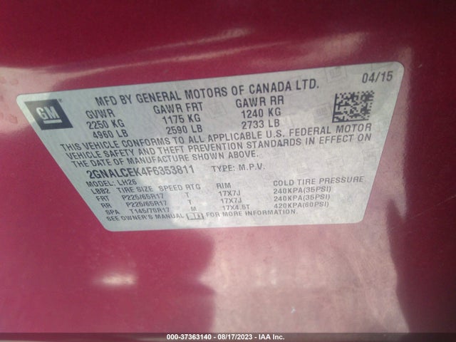 Chevrolet EQUINOX LT 2015 2GNALCEK4F6353811 Image 9