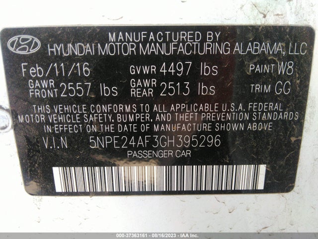 Hyundai Sonata 2.4l 2016 5NPE24AF3GH395296 Image 10