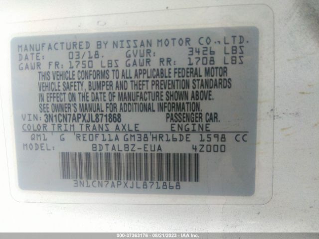 3N1CN7APXJL871868 Nissan Versa Sedan Sv