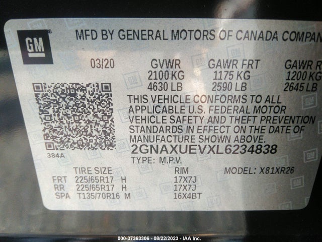 Chevrolet EQUINOX LT 2020 2GNAXUEVXL6234838 Image 9