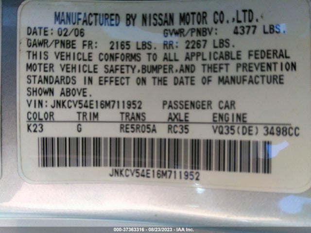 2006 INFINITI G35 COUPE VIN: JNKCV54E16M711952