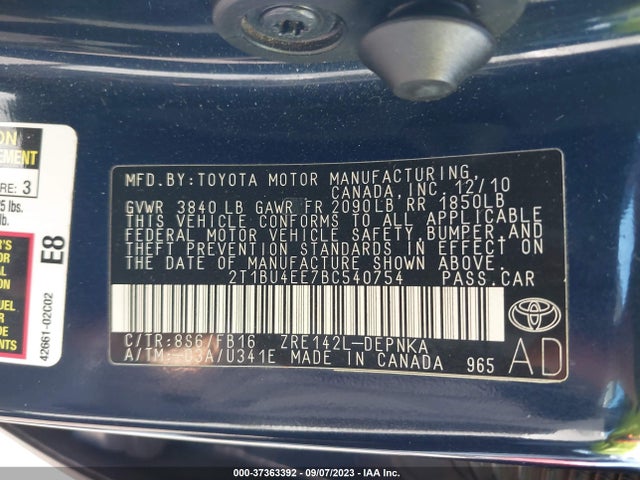 2011 TOYOTA COROLLA L/LE/S VIN: 2T1BU4EE7BC540754