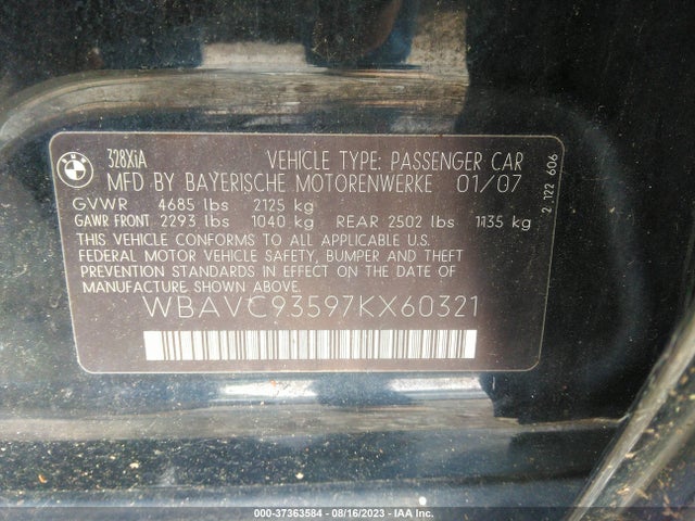 2007 BMW 3 SERIES 328XI VIN: WBAVC93597KX60321