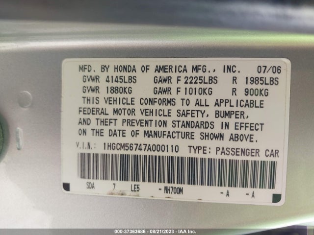2007 HONDA ACCORD SDN EX/EX-L VIN: 1HGCM56747A000110