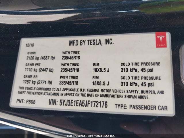 Tesla Model 3 Range Battery 2018 5YJ3E1EA5JF172176 Image 9