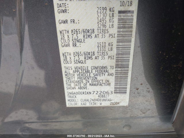 37363793 :رقم المزاد ، 1N6AD0ER1KN722063 vin ، 2019 Nissan Frontier Sv مزاد بيع