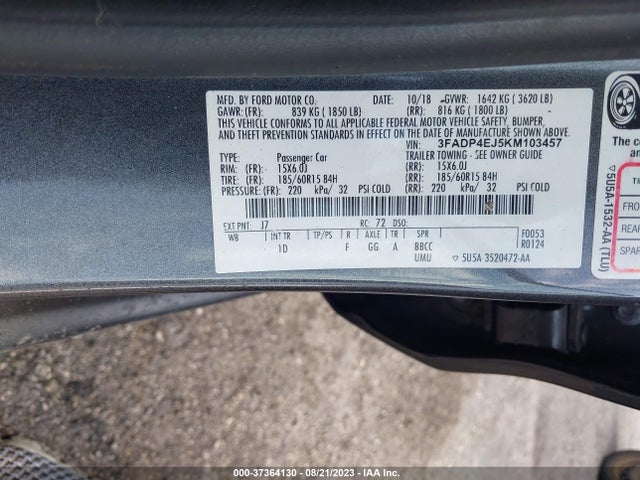 2019 FORD FIESTA SE VIN: 3FADP4EJ5KM103457