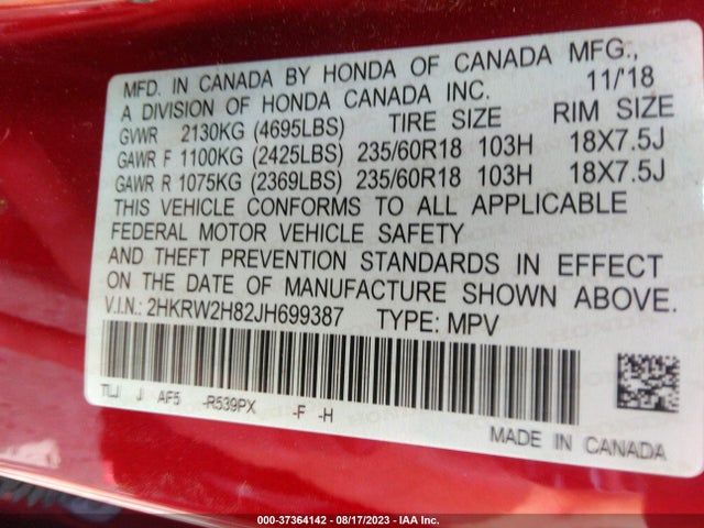 Honda Cr-v Ex-l 2018 2HKRW2H82JH699387 Image 9