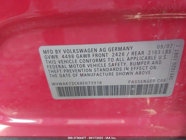 2008 VOLKSWAGEN PASSAT WVWAK73C68E073918 Photo 8