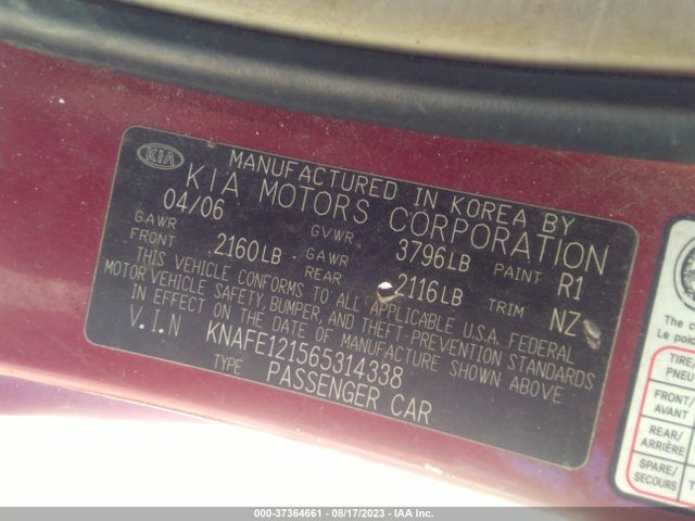 2006 KIA SPECTRA EX/SX/LX VIN: KNAFE121565314338