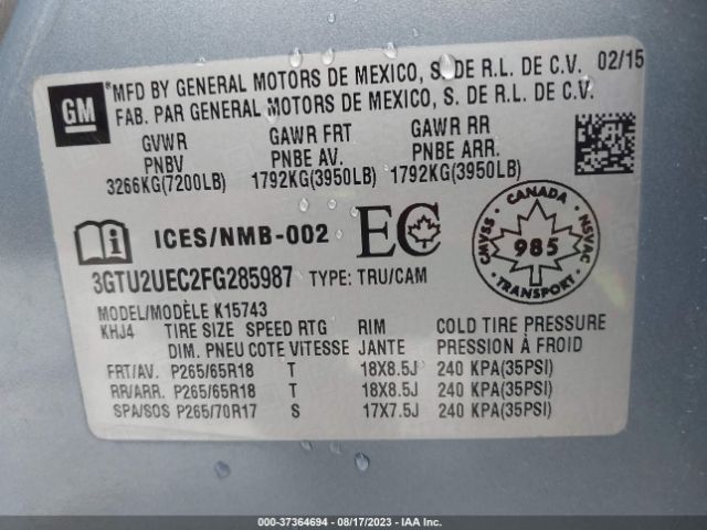 3GTU2UEC2FG285987 GMC Sierra 1500 Sle