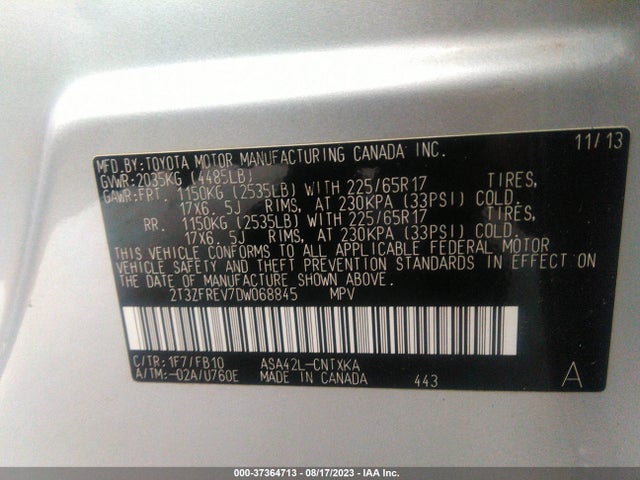 2013 TOYOTA RAV4 LE VIN: 2T3ZFREV7DW068845